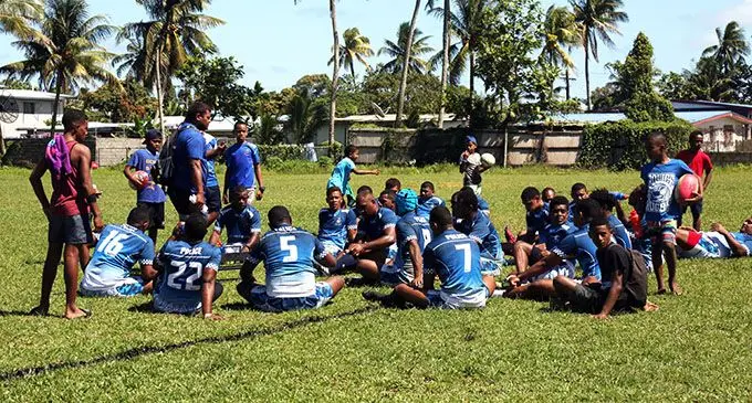 Police players listen to their coach at halftime during their clash against Tovolea in the Nasinu Rugby Union’s club competition at St Marcellin School Ground in Vatuwaqa, Suva, on August 15, 2020. Photo: Sereana Salalo