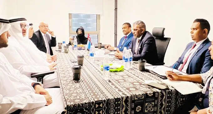 Minister for Commerce, Trade, Tourism and Transport, Faiyaz Koya, with Investment Fiji’s acting chief executive officer, Kamal Chetty, in talks in Dubai.