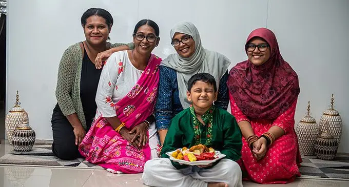 From left: Adi Rolikubai, Sarita Devi, Zyna Dean, Mohammed Mubashir, and Umaizah az-Zahra at their home in Kinoya on April 17, 2023. Photo: Leon Lord