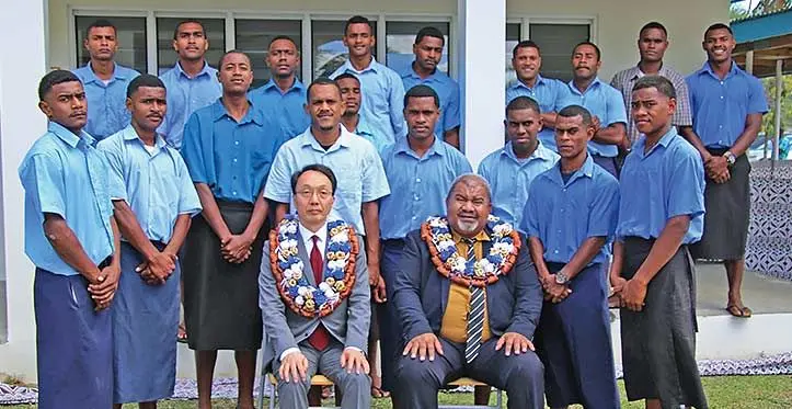 Ambassador of Japan to Fiji Kawakami Fumihiro, Minister for Youth and Sports Jese Saukuru, with students of Nasau Youth Training Centre in Sigatoka. Photo: DEPTFO News