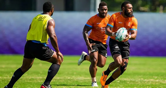  Fiji Airways Flying Fijians (from left) wingers Vereniki Goneva, Josua Tuisova and insdie centre Waisea Nayacalevu during the captain’s run on October 2, 2019, in Osaka, Japan. They take on Georgia today at 5:15pm.  Photo: Bruce Southwick/ZoomFiji