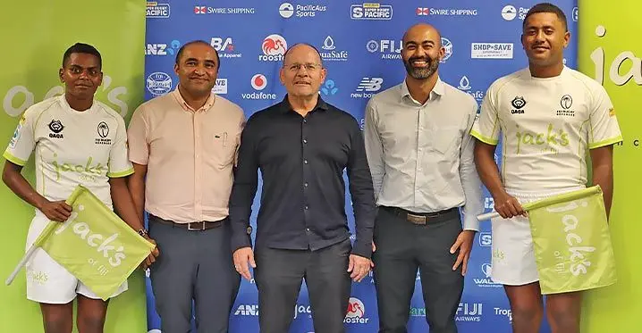 Swire Shipping Fijian Drua chief executive officer Mark Evans (centre) with Jacks of Fiji representatives and referees Lavenia Racaca (left) and Paul Racaca (right) on March 7, 2023. Photo: Fijian Drua Media