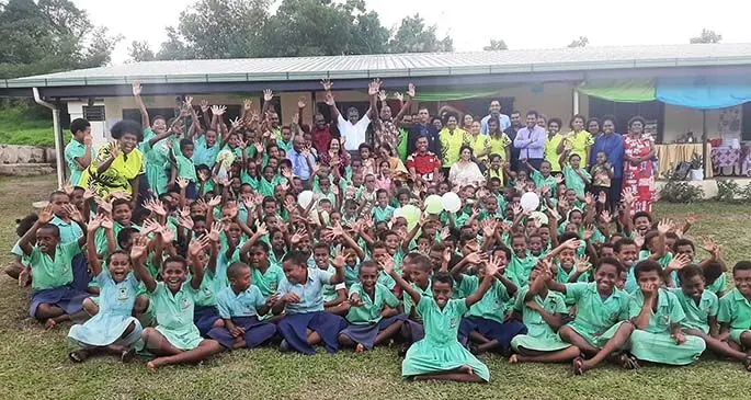 Minister for Education, Heritage and Arts Rosy Akbar, Indian High Commissioner to Fiji Padmaja and officials, teachers and students during the commissioning of the Dawasamu District School block in Tailevu on July 22, 2020. Photo: Shreeya Verma