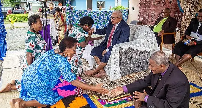Prime Minister Voreqe Bainimarama greets villagers during the opening of the Serua provincial council meeting at Vunaniu, Serua on April 8, 2022. Photo: Leon Lord