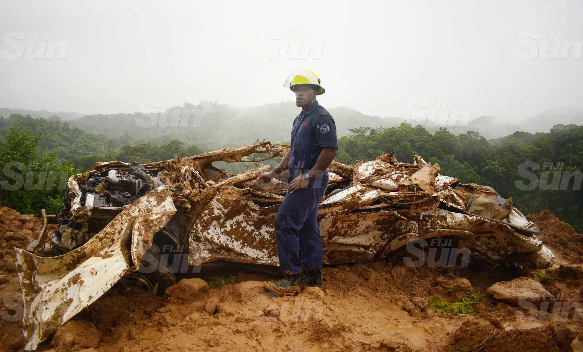 Fireman, Roseru Tikonabua shows where the body of the two of three man died in landslide were found at Mau Quarry site in Navua on March 20, 2020. Photo: Ronald Kumar.