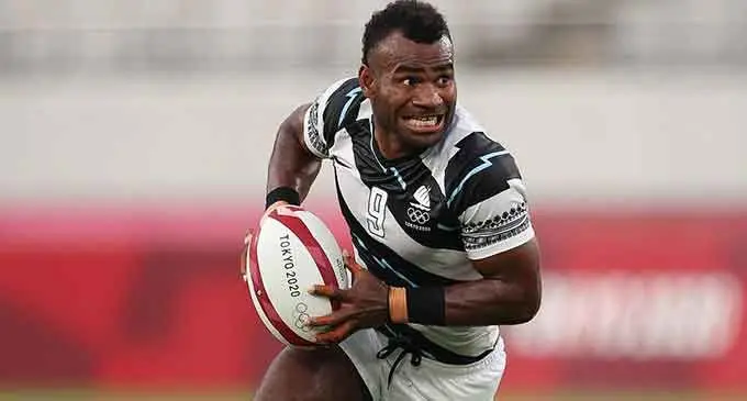 Two-time Olympic gold medallist, Jerry Tuwai, in action at the Tokyo Olympic Games.