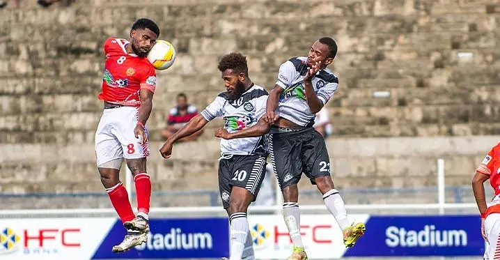 Rewa’s Setareki Hughes contests for possession against Suva’s Marlon Tahioa during their Pillay Garments Champion versus Champion (CvC) clash at the HFC Bank Stadium on February 12, 2023. Photo: Leon Lord