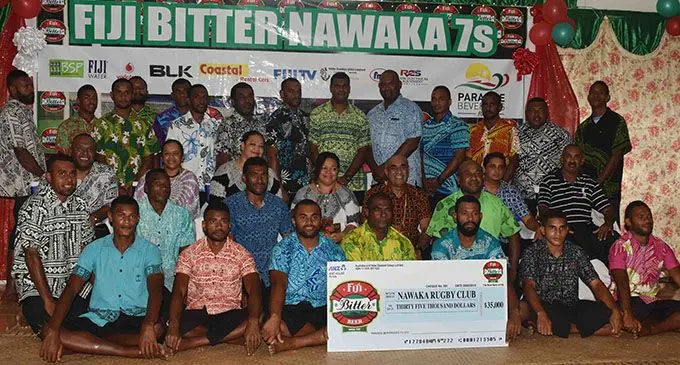 Paradise Beverages Fiji general manager sales/ corporate affairs Joe Rodan Snr with youths during the launch at Nawaka village in Nadi on February 20, 2019.  Photo: Waisea Nasokia