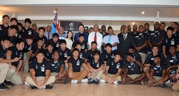 Japan Ambassador to Fiji Masahiro Omura, Speaker of the House Ratu Epeli Nailatikau, Defence Minister Inia Seruiratu, Minister for Infrastructure and Transport Jone Usamate (standing in the middle) with representatives from the Paralympics team, Junior Japan and Swire Shipping Fijian Warriors rugby players during the reception at Tamavua, Suva on March 13, 2019. Photo: Ronald Kumar