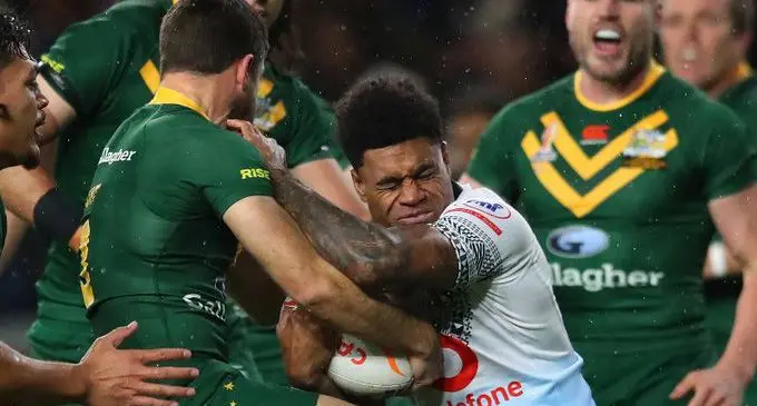 Fijian Bati captain and centre Kevin Naiqama holds onto the ball against Australia in their Rugby League World Cup opener in Leeds, England, on October 15, 2022. Australia won 42-8 as the Bati takes on Italy this Sunday. Photo: RLWC