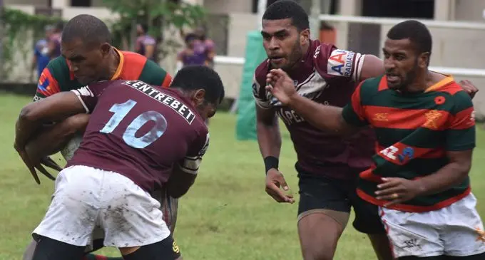 Isake Katonibau on the attack for Army Green as they take on Yamacia in the eliminations round of the Nawaka 7s tournament at Prince Charles Park in Nadi on February 23, 2018. Photo: Waisea Nasokia