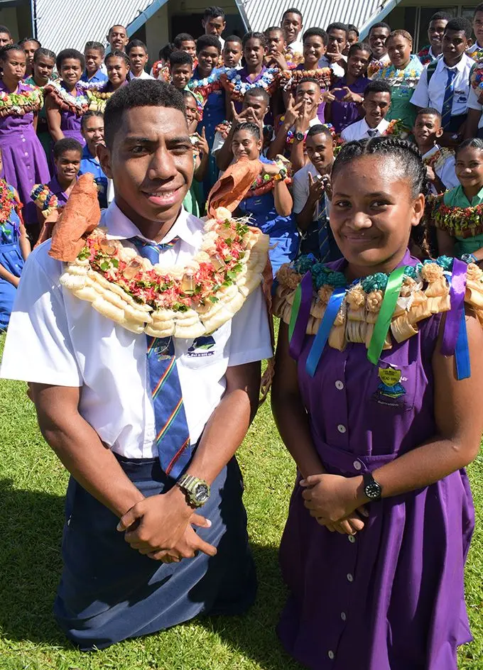 John Wesley College Head Boy Eparama Naivulasiqa  and Head Girl Senibua Likukula (front) with fellow prefects after their prefect induction at Raiwai Methodist Church on February 8, 2019. Photo: Ronald Kumar.