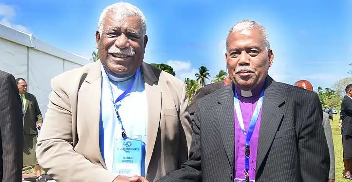 Methodist Church in Fiji and Rotuma President Reverend Ili Vunisuwai (left) with President elect, Reverend Dr. Semisi Turagavou during the Methodist Church annual conference at Furnival Park in Toorak on August 30, 2023. Photo: Ronald Kumar