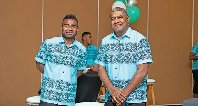 Fijian men’s rugby 7s captain Jerry Tuwai (left) and Fijiana 7s coach Saiasi Fuli during the official opening of the 2021 PacificAus Sports Oceania Sevens competition at the The Ville Resort- Casino in Townsville on June 23, 2021. Photo: Oceania Rugby