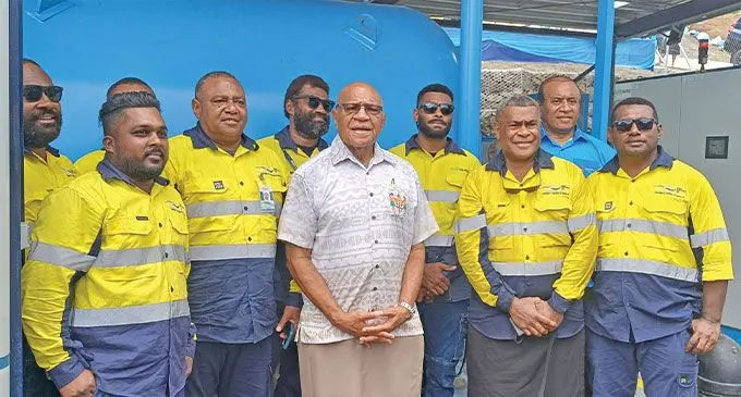 Prime Minister Sitiveni Rabuka (middle) with Minister for Public Works, Meteorological Services and Transport Ro Filipe Tuisawau (back row, sixth from left) and staff of Water Authority of Fiji during the opening of Nabouwalu water treatment plant in Bua on January 22, 2025. Photo: Shratika Naidu