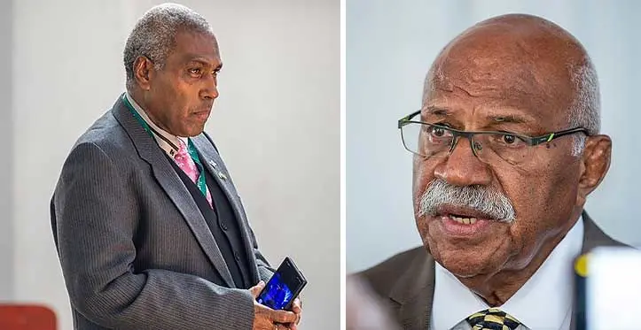 Minister for Justice Siromi Turaga and Prime Minister Sitiveni Rabuka in Parliament on April 3, 2023. Photos: Leon Lord