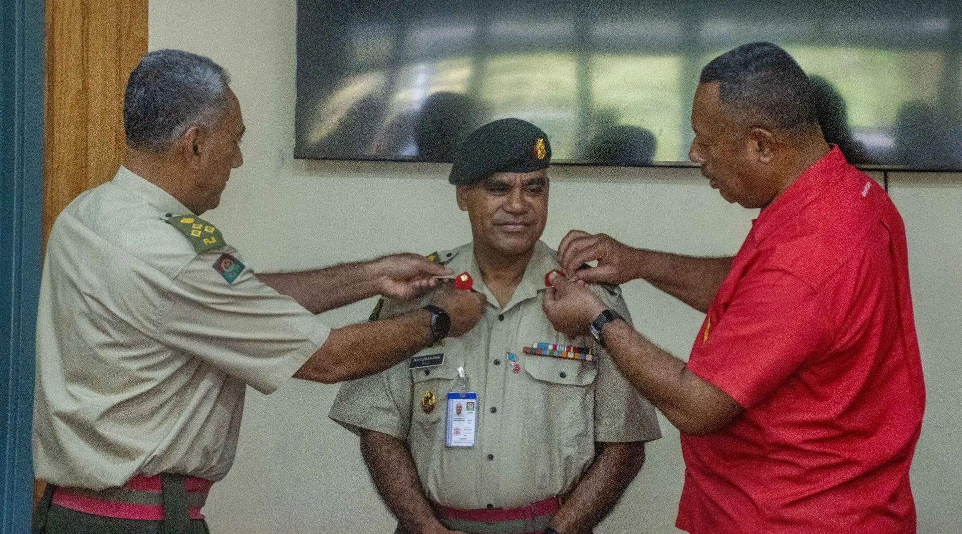 The Republic of Fiji Military Forces (RFMF) congratulates Colonel Daunivakasala Kalitabua Ravunakana (middle) on his promotion and appointment as Military and Police Advisor to Fiji’s Permanent Representative to the United Nations in New York.