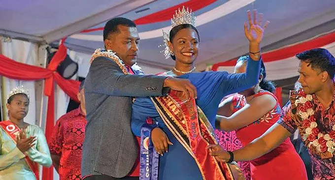 Minister for Local Government and Hoursing Maciu Katamotu, left, places a sash on Miss Vodafone Tebara Carnival 2024, Miss Amra Mall Beranadeta Waqavanua and Vodafone Fiji regional chief marketing officer Rajnesh Prasad after her crowning on May 11, 2024.