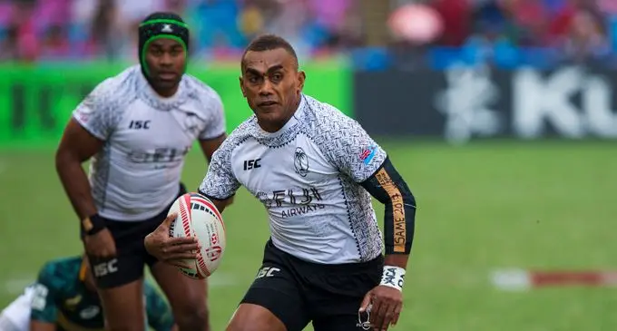 Fiji Airways Fijian 7s utility back Eroni Sau bursts through the Blitzboks in the Hong Kong Sevens Cup semifinal on April 8, 2018. Sau topped the Performance Tracker in Hong Kong and was later named in the Dream Team. Photo: Kitione Rokomanu/ Zoom Fiji. 