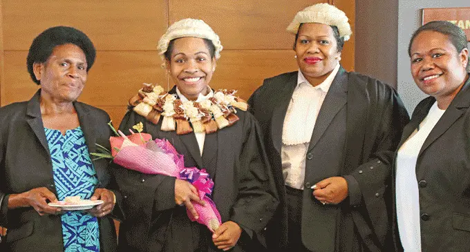 From left: Sereana Ravulolo, Graduate Adi Reki Moi Vivi, Akosita Matakaca and Paulini Ligavai during the swearing in ceremony for new legal practitioners at the Grand Pacific Hotel in Suva on October 28, 2022. Photo: Jone Salusalu