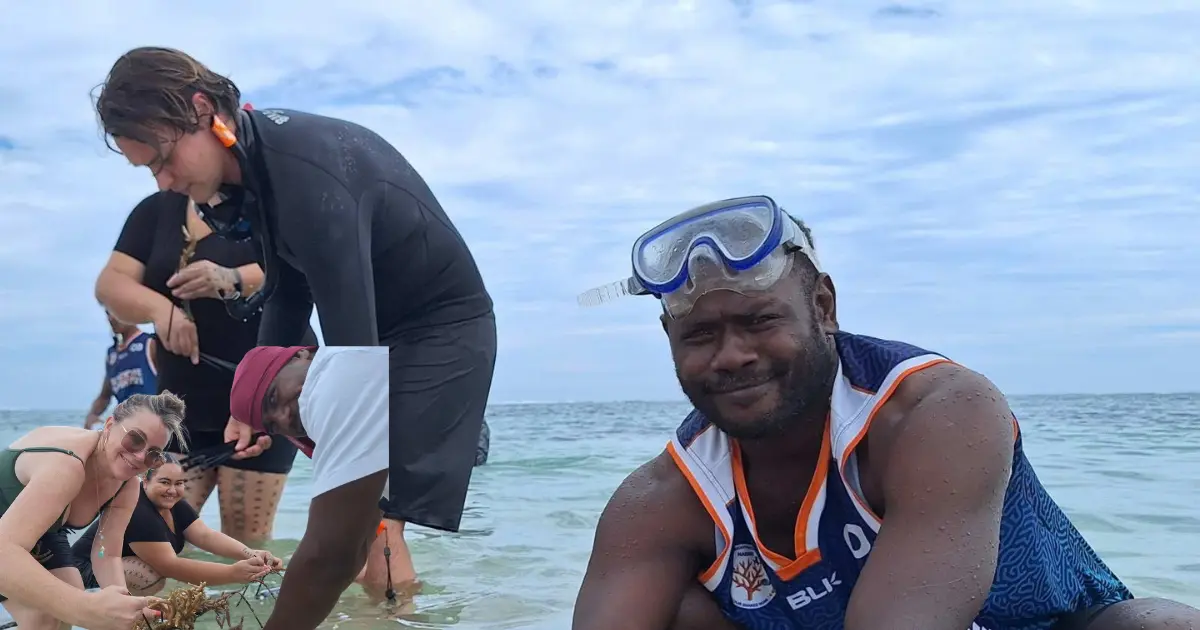 1. Youth member Jone Naloga (right) planting coral. 2. Youth memberTomasi Rareba (with goggles). 3. Some of thr many international journalists at Naidiri Village, Nadroga. Photos: Wai sea Nasokia