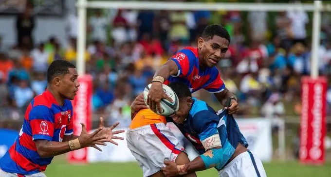 Marist Brothers High School Under-18 captain Ben Naivalu leads the charge against Ba Provincial Free Bird Institute in the Vodafone Super Deans Trophy semi-final at Prince Charles Park, Nadi, this afternoon. Photo: Leon Lord. 