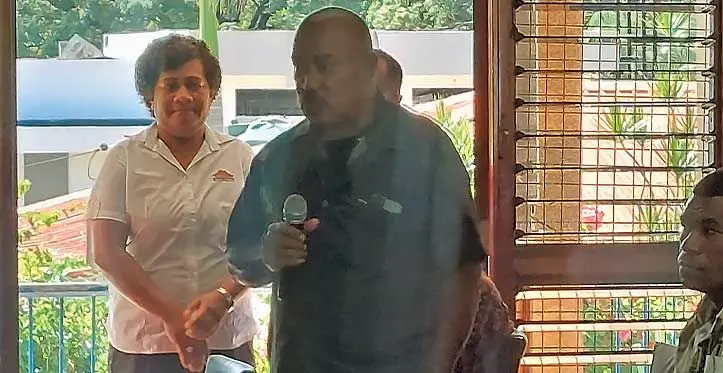 Jolame Nailaruwai (middle) during the public consultations for the review of the Great Council of Chiefs (GCC)at the Sugar Cane Growers Hall on May 3, 2023. Photo: Salote Qalubau