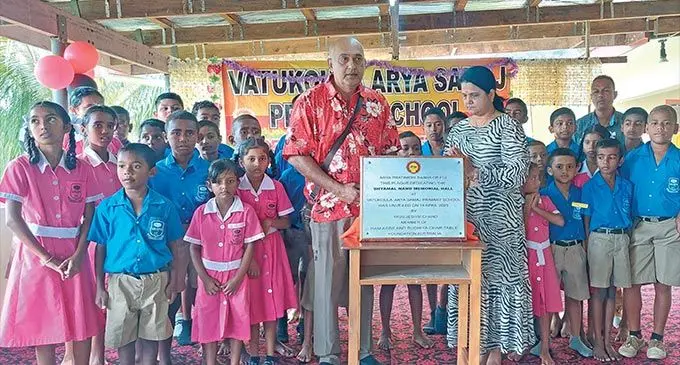 (Standing centre) Pt Ram Asre and Budhia Foundation members Pt Ram Asre and Budhia Foundation members Jagdish Chand and Asha Chand after unveiling the plaque for the refurbished Shyamal Nand Memorial hall at the Vatukoula Arya Samaj Primary School at Matanigata backroad,Tavua on April 14, 2023. Photo: Salote Qalubau