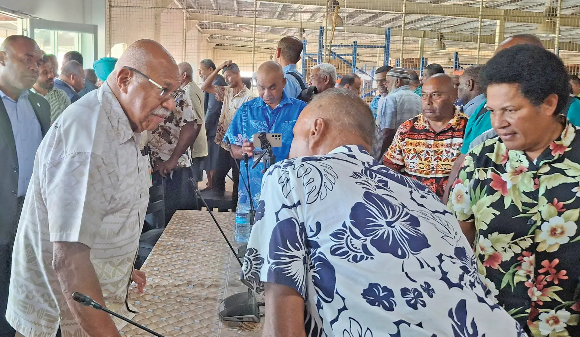 Prime Minister Sitiveni Rabuka (left), speaking to stakeholders at the the Sugar Industry Tour of Cane Belt Areas consultation at the GCR Hall in Rakiraki on July 8, 2026.