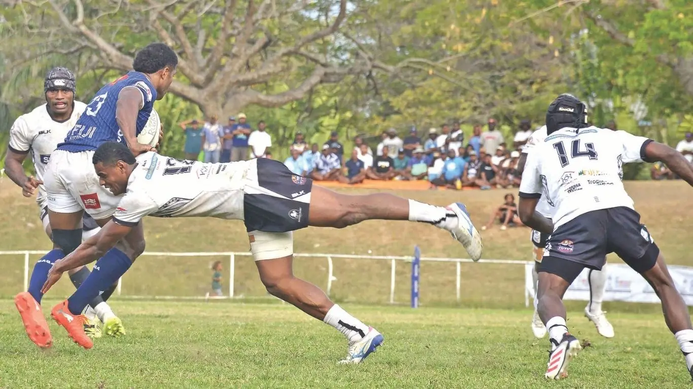 BLK Nadroga centre Kavekini Boselawa makes a diving tackle on McDonald Nadi’s Nacanieli Boginisoko at King Charles Park, Nadi, on September 19, 2026.  
