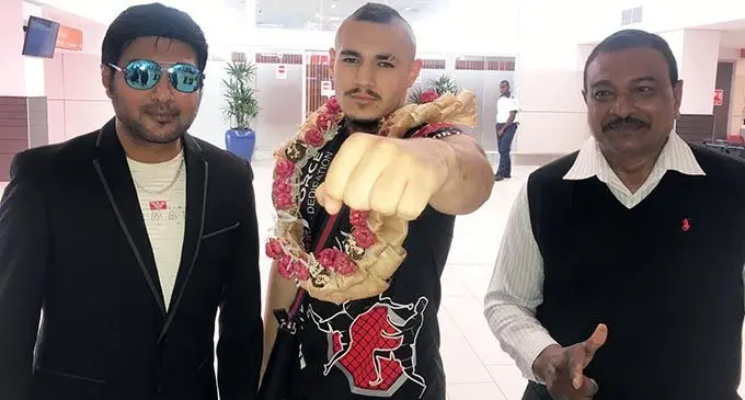 From left: World Boxing Foundation Commission Simon Naushad, Humzah ‘The Raging Bull’ Khalid and promoter Ben Krishna at Nadi International Airport on November 26, 2019. Photo: Waisea Nasokia
