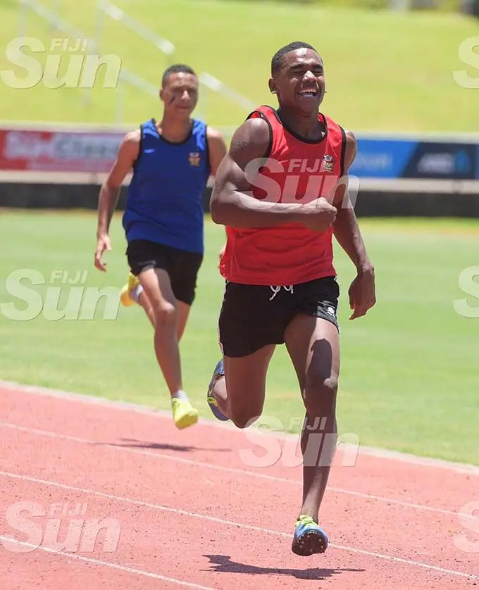 Vere Tokani  (front) inter-boys 200meters heats during  Sangam High School inter-house competition at ANZ Stadium on February 19, 2020. Photo: Ronald Kumar.