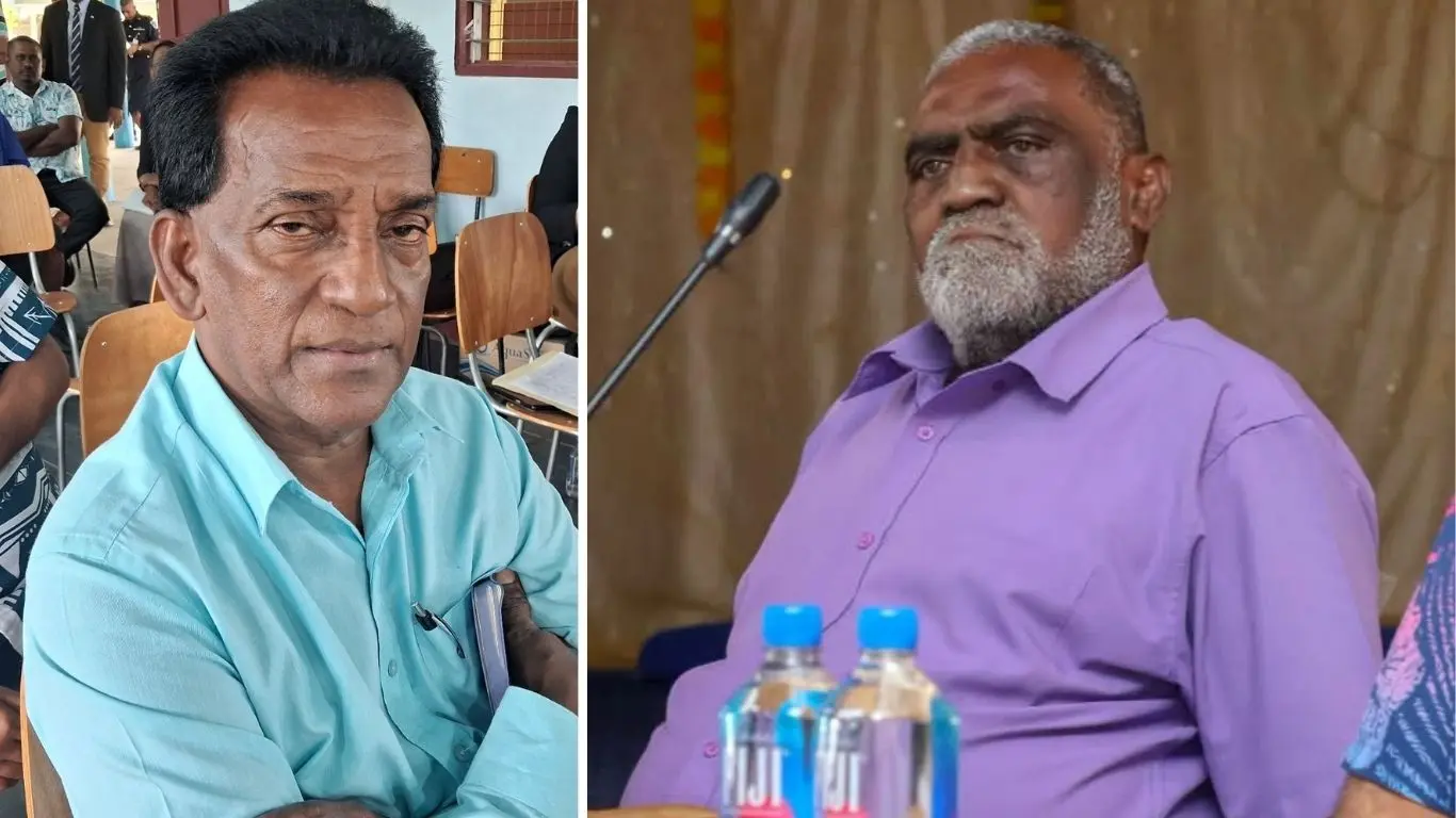 Wailevu Sector Cane Producers Association president Dewan Chand and Minister for Sugar Tomasi Tuinabuna at Vanua Levu Arya Samaj Hall at Namara, Labasa on August 6, 2026.