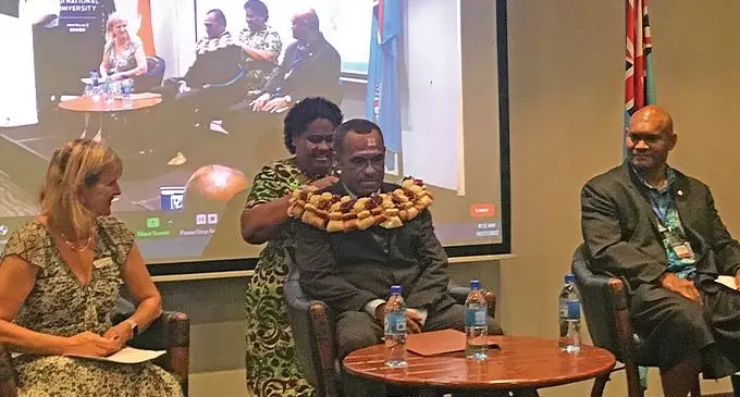 Fiji National University Vice chancellor Lyn Karstadt, Permanent Secretary for Youths and Sports Rovereto Nayacalevu, National Training and Productivity Centre Dr Isimeli Tagicakivevata at Holiday Inn Suva on October 27, 2022. Photo: Sosiveta Korobiau