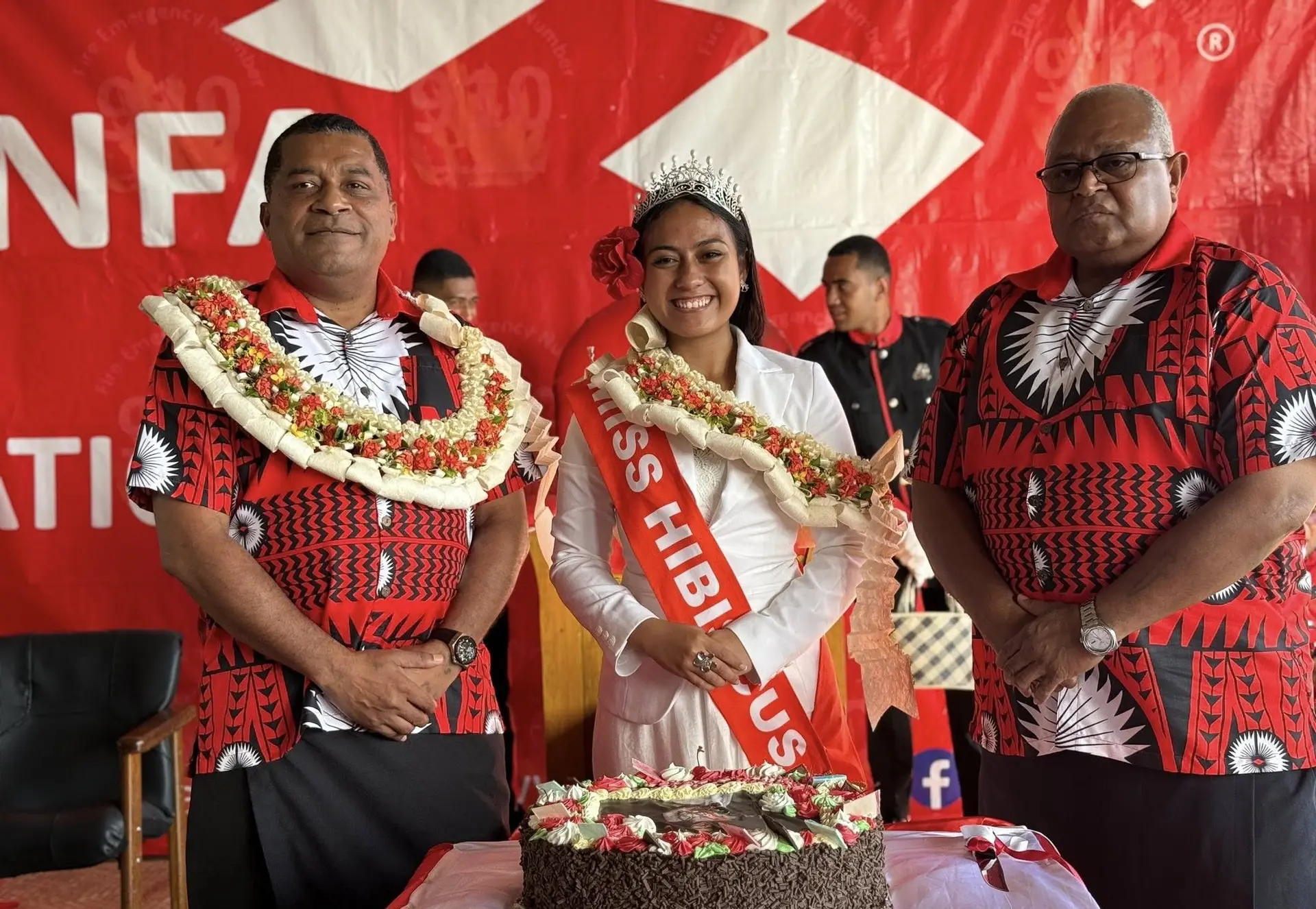 From left: Minister for Housing and Local Government Maciu Nalumisa, Miss Hibiscus 2025 Rhyelle Aisea and National Fire Authority chief executive officer Puamau Sowane at the NFA headquarters in Walu Bay, Lami.