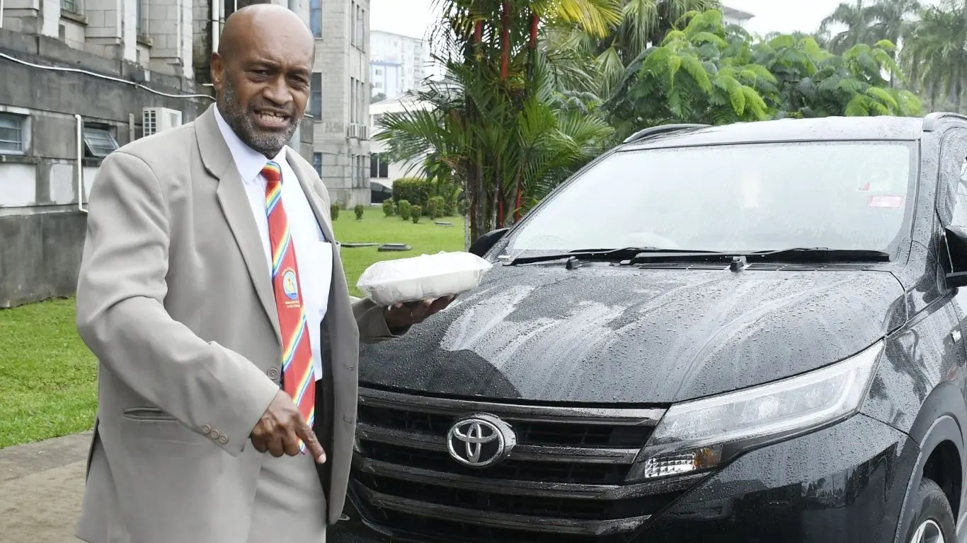 Opposition MP Jone Usamate outside Parliament on August 17, 2026.