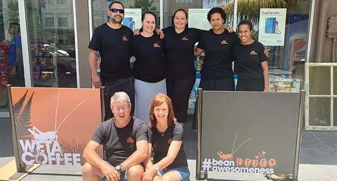 Weta Coffee team, left to right (back) Darran Bentley Fisher, Mue Bentley Fisher, Cherie Chute, Loata Serevi, Piniana Taubale, front, Miles Masters and Sandra Allan. Photo: Weta Coffee
