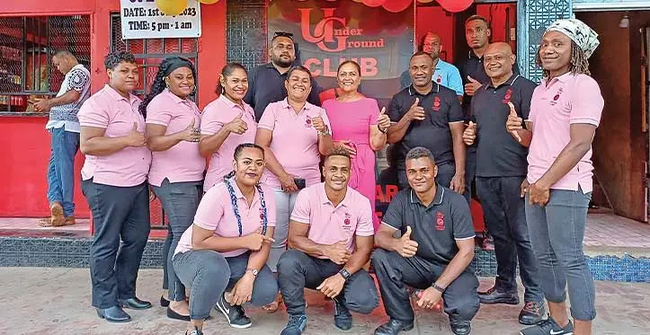 Underground Club Dance Bar Lounge owner Amelia Simmons (middle) with the staff during the soft launch in Labasa on July 1, 2023. Photo: Shratika Naidu