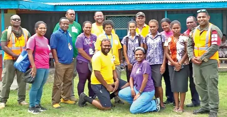 Members of the Fijian contingent made up of Fiji Medical Assistance Team (FEMAT), RFMF engineers and medical experts, and Fiji NDMO personnel at Mele Village in Vanuatu. Photo: Supplied/NDMO