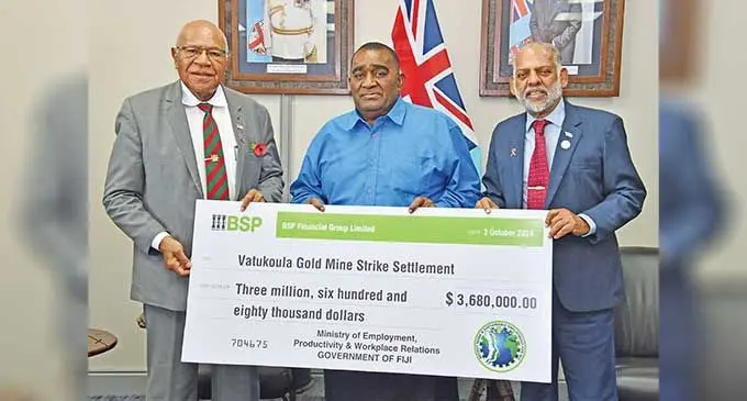 From left: Prime Minister Sitiveni Rabuka, President of the Vatukoula Gold Mine Workers Union, Josefa Sadreu and Minister for Employment, Productivity and Industrial Relations Agni Deo Singh. Photo: DEPTFO News
