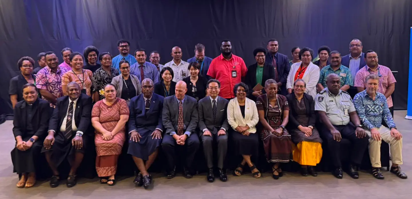 Japanese Ambassador to Fiji Hiroshi Tajima, UNICEF Pacific Representative, Hamish Young, Minister for Justice Siromi Turaga and Minister of Women, Children and Social Protection Sashi Kiran during the official signing ceremony of the 4 year Project for the Prevention Measures against Drug Use among Children and Adolescents in Fiji at the Grand Pacific Hotel on March 3, 2026.