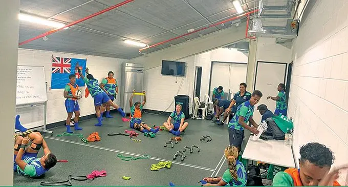 Rooster Chicken Fijiana Drua players and officials in their dressing at the Suncorp Stadium in Brisbane, Australia, on March 12, 2022. Photo: Fijiana Drua