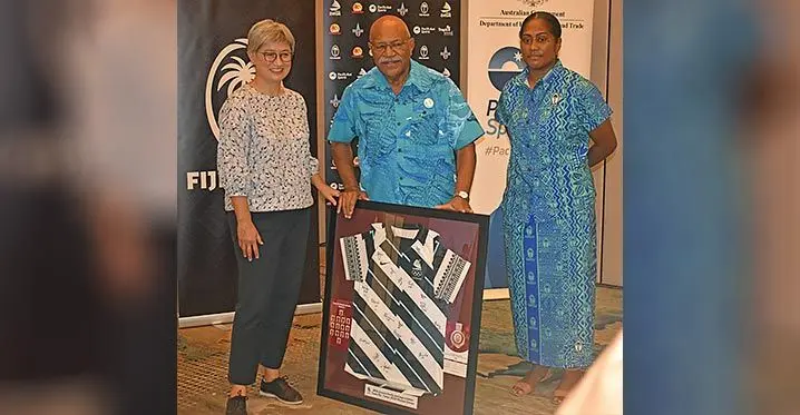 From left: Australian Minister for Foreign Affairs Penny Wong, Prime Minister Sitiveni Rabuka and Fijiana Drua captain Bitila Tawake during launch of the Fiji Rugby Women’s 2023 Campaign at the Sheraton Fiji Golf Beach Resort on Denarau Island on February 22, 2023. Photo: Waisea Nasokia