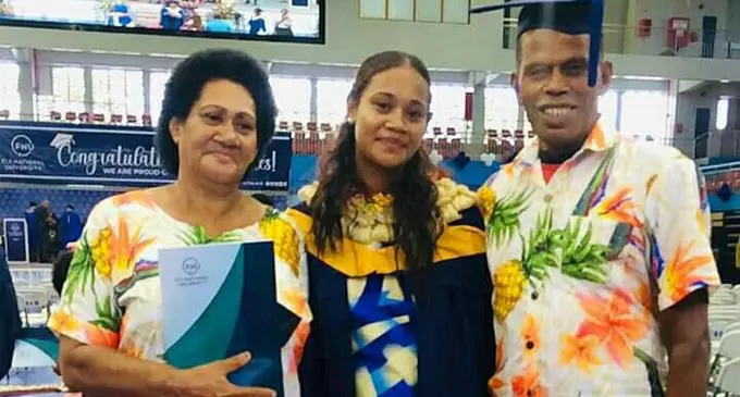 Bulou Bale with her parents after the FNU Graduation Ceremony at the Vodafone Arena on March 10, 2023.