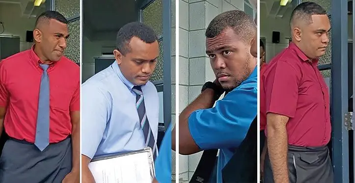 Maciu Vakaturaga, Basilio Vevewa, Isireli Raseisei and Joshua Bull outside the High Court in Suva on March 23, 2023. Photos: Ashna Kumar