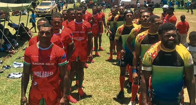 Teams line up for the Fiji Bitter Mokani 7s at Ratu Ravuama Memorial School ground on January 16, 2021. Photo: Mokani Rugby