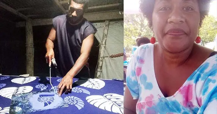 L-R: Viliame Raqele printing designs on a roll of fabric and Silo Vatenai (right).