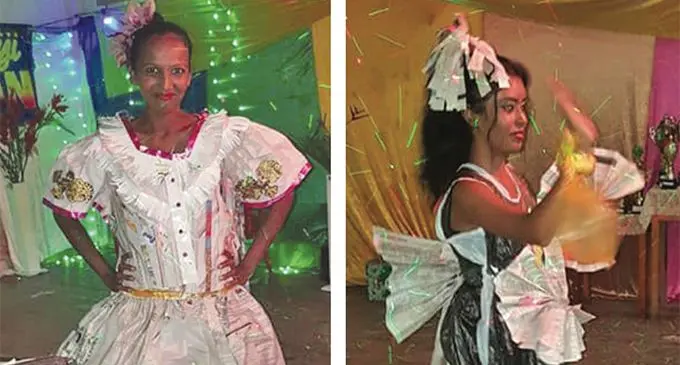 Students from Lomawai Andhra Sangam and Navo Andhra Naari Sangh dressed in newspaper and plastic materials during the Recycling Contest during the Dakshina India Andhra Sangam of Fiji annual convention in Xavier College in Ba on April 19, 2019.