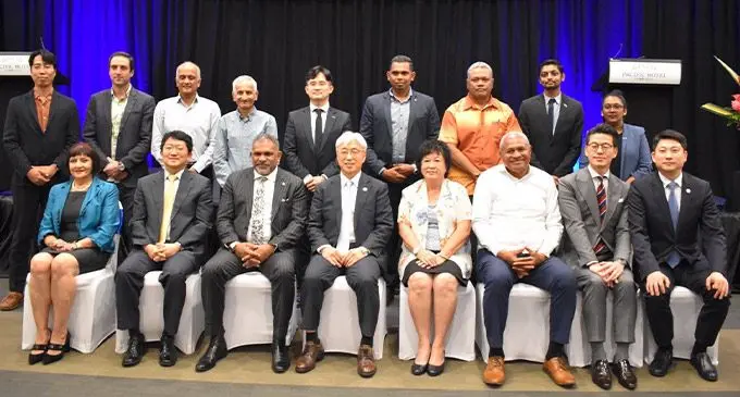 Seated from left: Fiji Chamber of Commerce and Industry chair Nur Bano Ali, Korean ambassador Young-kyu Park, Minister for Commerce, Trade, Tourism and Transport, Faiyaz  Koya (seated third from left), Samsung president In Yong Rhee, Investment Fiji chair Jenny Seeto, Carpenters group managing director Daniel Whippy, Samsung Auckland New  Zealand managing director, Chun Hyungmin, with speakers at the 2022 Fiji-Korea Business Forum at the Grand Pacific Hotel on August 24,2022. Investment Fiji chief executive  officer, Kamal Chetty, and Reserve Bank of Fiji deputy governor, Esala Masitabua, are standing third and fourth from right. Photo: Laisa Lui