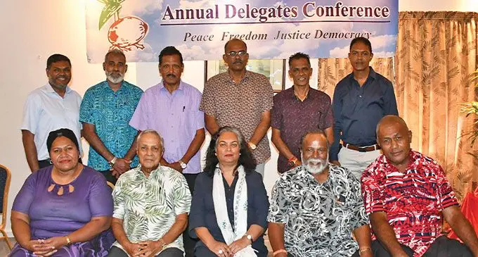 Fiji Labour Party leader Mahendra Chaudhry, (front, second from left). and board members during their annual conference in Nadi on November 16, 2024. Photo: Waisea Nasokia
